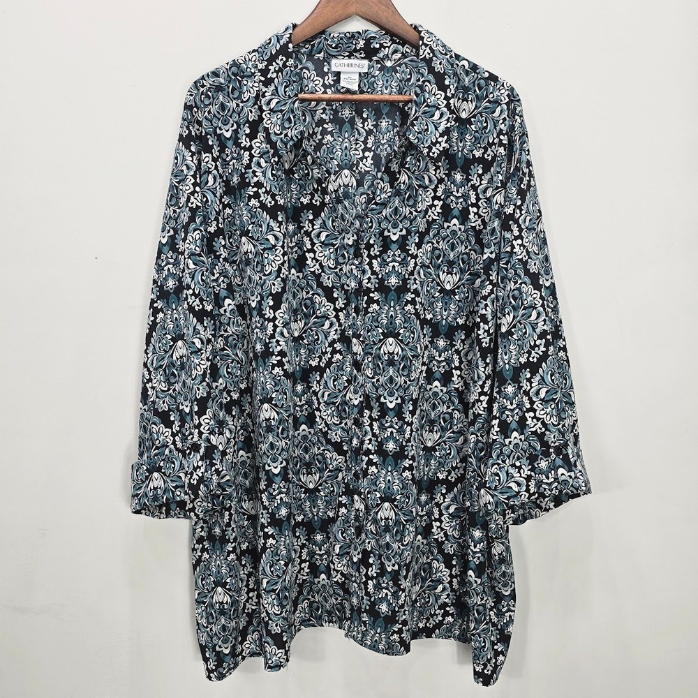 Catherines Womens Button Up Shirt Blouse Black Teal 1/2 Sleeve Roll Tab Mature - Picture 1 of 9